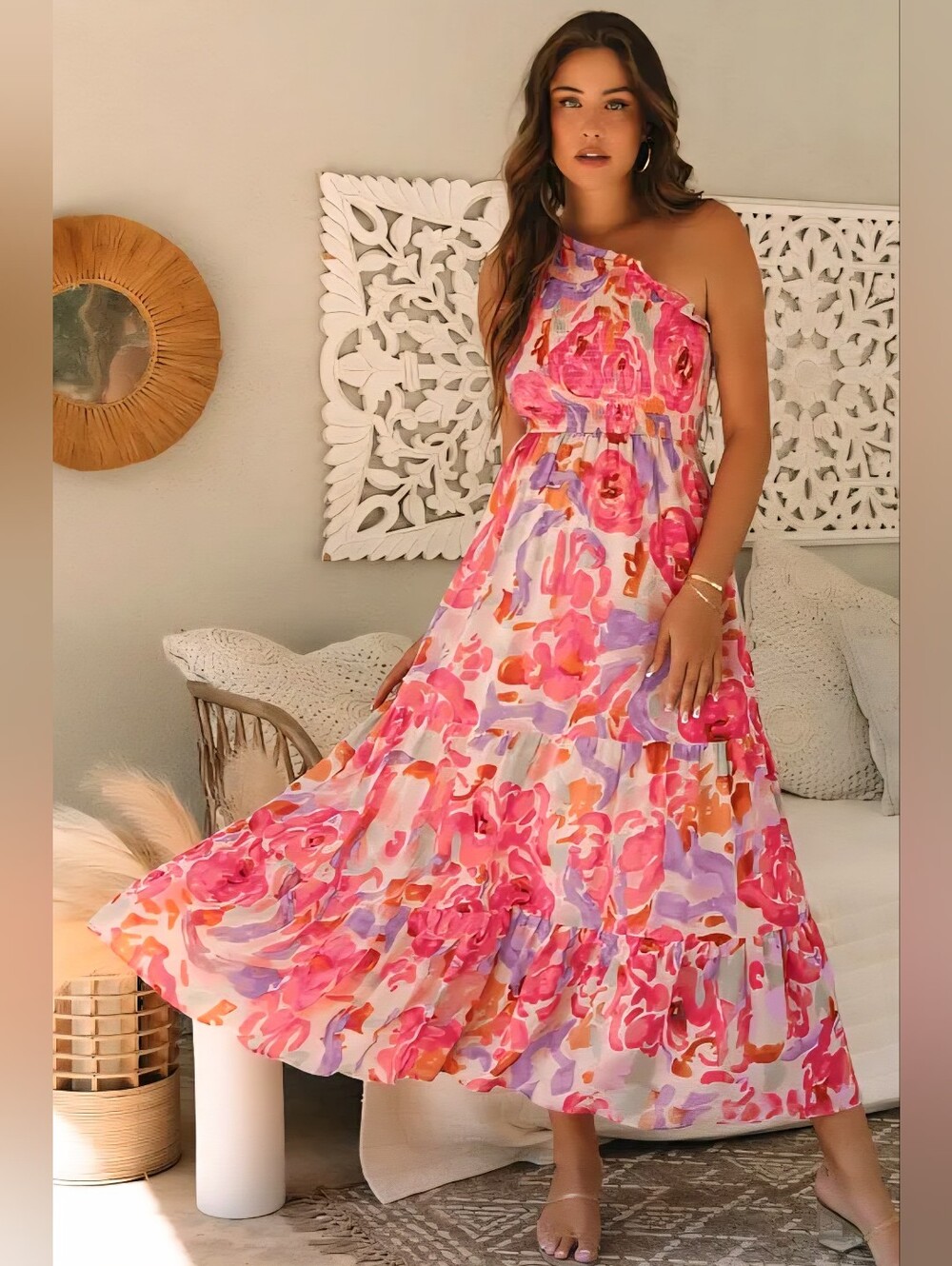 Pretty In Pink Floral One-Shoulder Maxi Dress